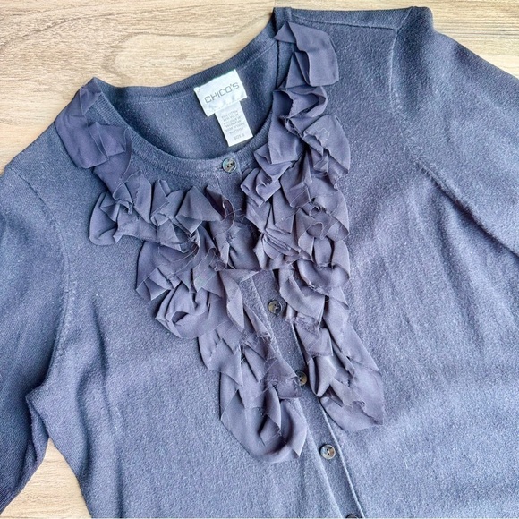 Chico’s Black Ruffle Front Button Elbow Length Sleeves Cardigan – Size 0 (S) - Picture 2 of 7